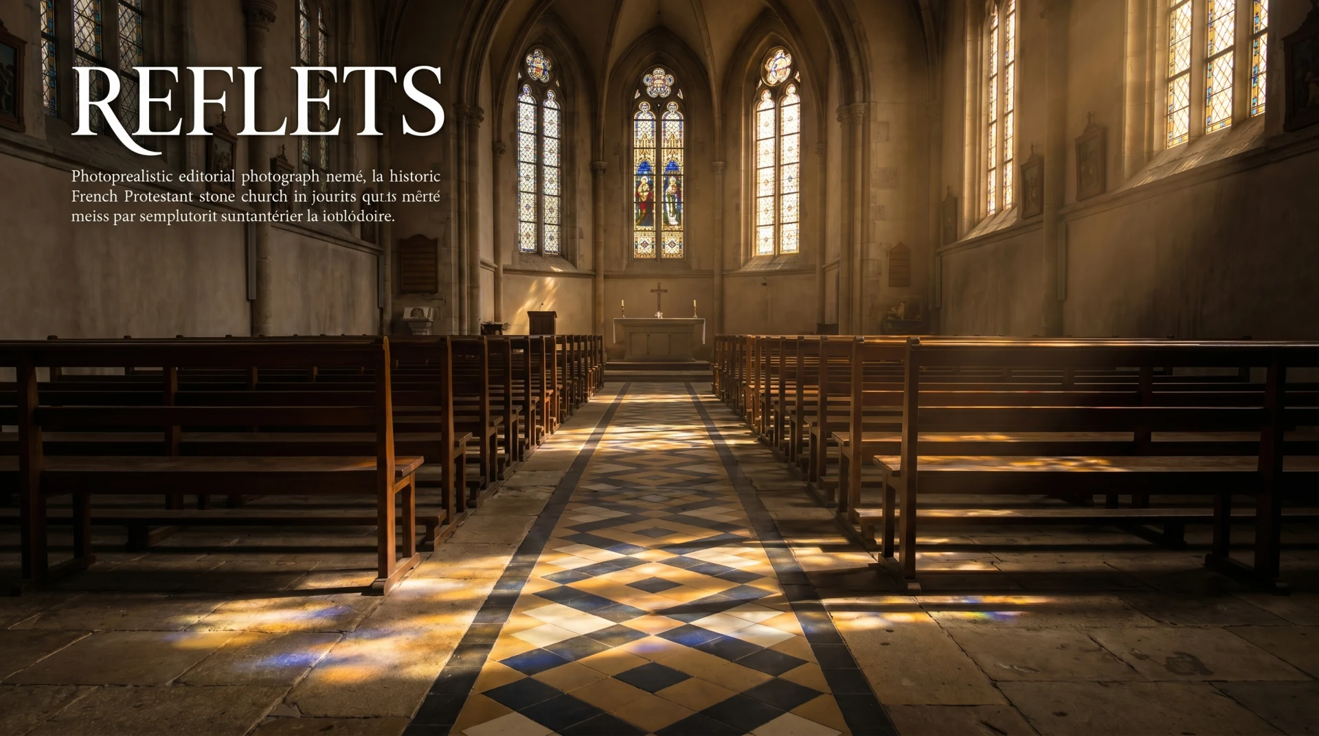 Table et lignes horizontales sobres, évocation abstraite d'un lieu de culte protestant.