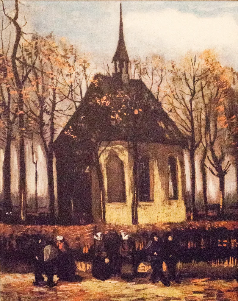 Peintire de Van Gogh représentant une congrégation quittant l'église réformée de Nuenen par un dimanche d'automne
